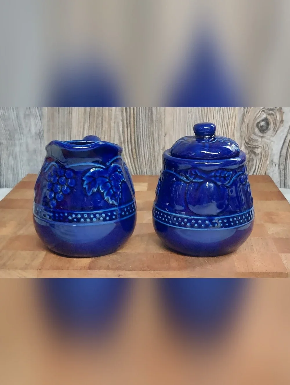 Vintage Cobalt Blue Ceramic Sugar/Creamer Set, Raised Fruit Pattern Farmhouse